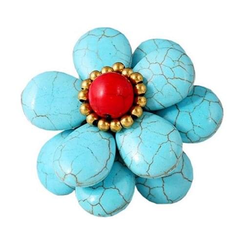 FYSL Wholesale 10 Pcs Copper Layer Flower Many Colors Turquoises Stone Finger Ring Ethnic Style Jewelry