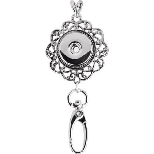 Rhinestones Keychain Flower Badge Lanyard Key Chain Pendant Accessories Fit 18mm Snap Button Necklace DIY Jewelry Antique Silver