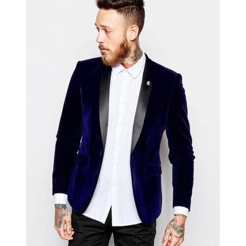2021 Dark Blue Velour Slim Fit Men Suit Set Groom Tuxedos Velvet Prom Performance Suits Skinny Smart Casual Terno (Jacket+Pants)