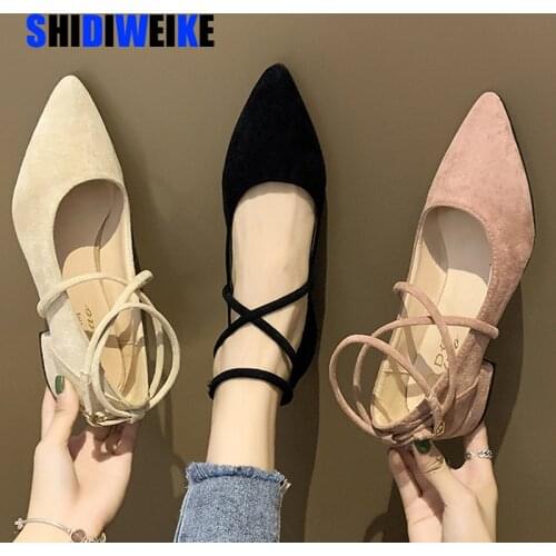 Spring Autumn Women Shoes Black Ankle Strap Flats Ankle Warp Low Heels Ladies Shoes Pointed Toe Flat Shoes zapatos mujer AB247