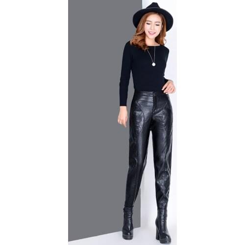 Spring autumn new Womens black Faux Leather pants women high waist wide leg harem pants loose trousers feet PU leather pants