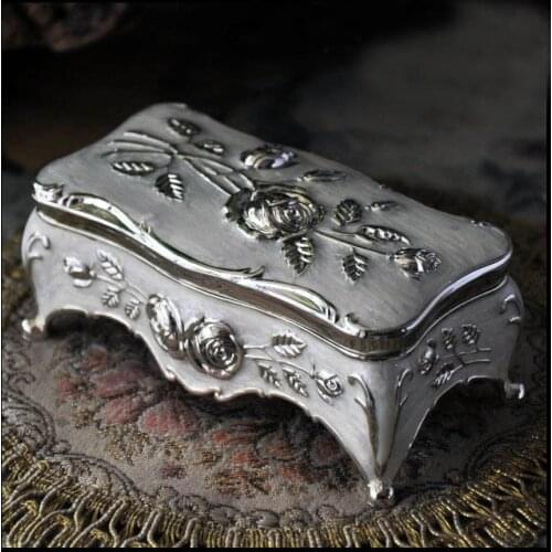 Size S Vintage Jewellery Case Box White Enamel Silver Color Zinc-alloy Metal Trinket Box Flower Carved Gift Storage Box