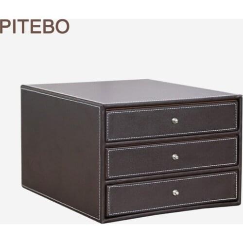 PITEBO wood leather 3-drawer office desktop a4 file cabinet document filing organizer box holder container black