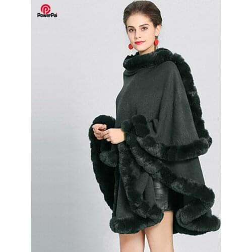 Fashion Handcraft Full Trim Faux Rex Rabbit Fur Cape Coat Loose Knit Cashmere Cloak Shawl Women Fall Winter New Pallium Outwear