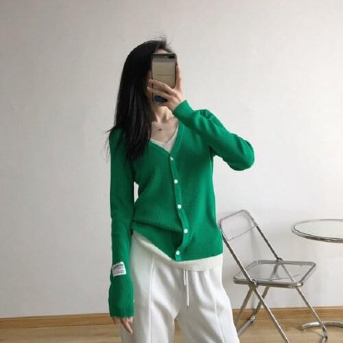 Autumn Casual Women Patchwork Knit Top Adults Button-down Color Block Long Sleeve V-neck Letter Label Streetwear