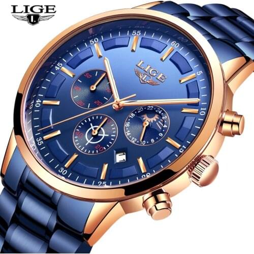 2019 LIGE New Fashion Blue Watches Mens Top Brand Luxury Military Full Steel Sport Waterproof Quartz Men Watch Relogio Masculino