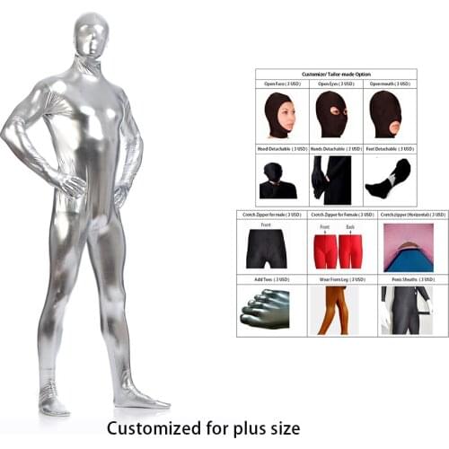 2021 Shiny Lycra Spandex Sliver Mens Unitard Catsuits Metallic Footed Zipper Zentai Bodysuit Customize for special requirement