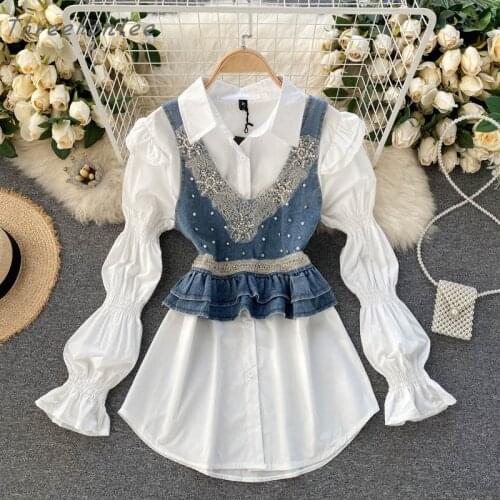 2021 Spring High Quality Fashion Woman Two Piece Sets Denim Vest And Ruffled Vest Bubble Sleeve Shirt Dress Female Casual Suits