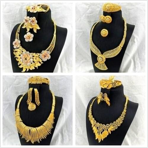 2021 Fashion African Nigerian Ring Pendant Bracelet Jewelry Charm Necklace Earrings Dubai Gold Sets for Women Wedding Bridal