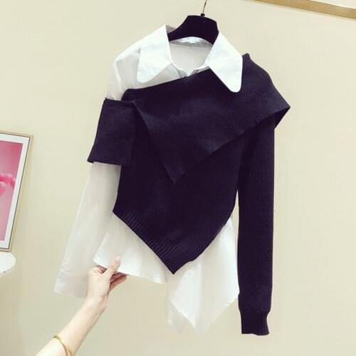 Asymmetrical 2 Pieces Women Shirts White And Black Long-Sleeved Office Lady Elegant Outwear Tops
