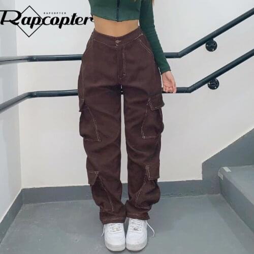 Rapcopter Big Pockets Women Cargo Jeans Brown Baggy Fashion Mom Jeans High Waisted Korean Aesthetic Joggers Women Streetwear 90s