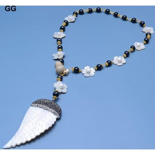 GuaiGuai Jewelry Black Round Pearl Cameo Shell Flower Long Necklace Shell Carved Wing Pendant 31'' Handmade For Women