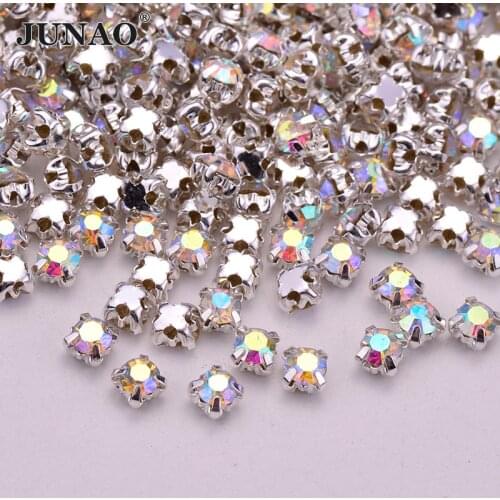 JUNAO SS12 16 18 20 25 Sewing Silver AB Glass Rhinestone Flat Back Crystal Stones With Setting Claw Diamond Strass for Clothes