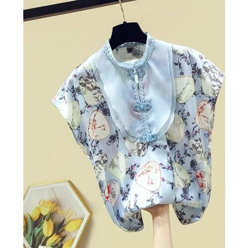 Chinese Cheongsam Button Design Shirts Womens Short Sleeves Floral Chiffon Shirt Ladies Blouse Tops Blusas A3438