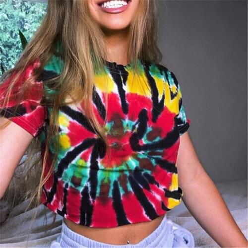 Women Ladies Short Sleeve Crop Top 2020 Summer Fashion Exposed Umbilicus Tie Dye T-shirt Tops Casual Loose Female Clothes