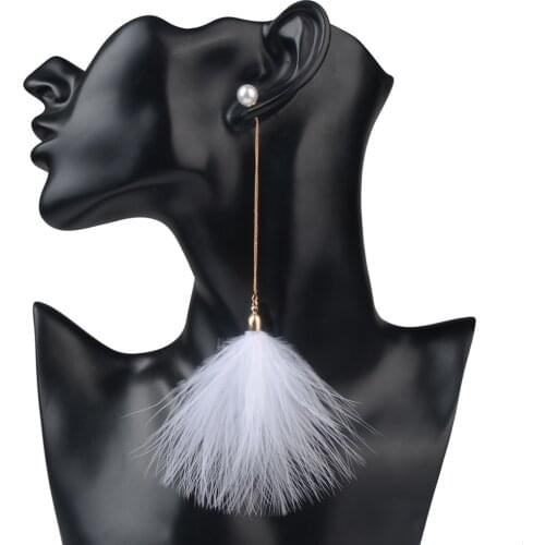 LFPU Elegant Fluffy Feather Earrings Statement Pearl Chain Long Dangle Drop Earrings Jewelry For Women Boho