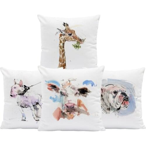 Fashion Watercolor Animal Cushion Giraffe Gorilla Monkey Doberman Dog Pillow 45Cm Square Decoration Lion Cock Cow Bulldog Room