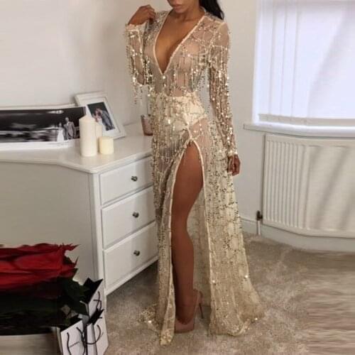 Fashion Sexy Gold V Neck Perspective Clubbing Dresses Lady High Slit Tassel Sequins Nightclub Vestido Illusion Long Sleeved Robe