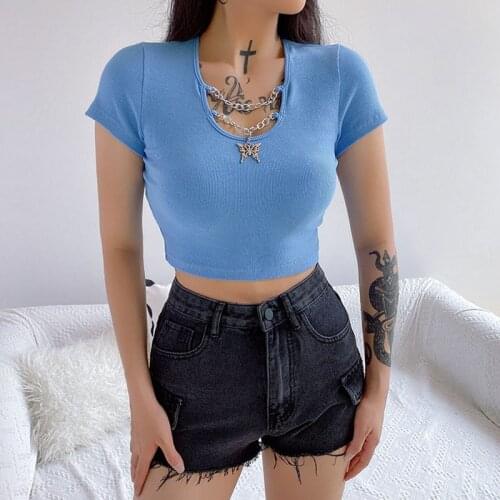 Fashion Women Summer Casual T-Shirts 2021 Butterfly Pendant Decor O-Neck Short Sleeve Letter Solid Slim Pullovers Top