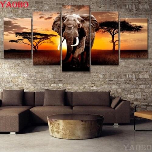 5 pcs Africa Elephants Animals 5D DIY Diamond Painting Full Square round Drill Multi-pictures Combination 3D Embroidery Mosaic