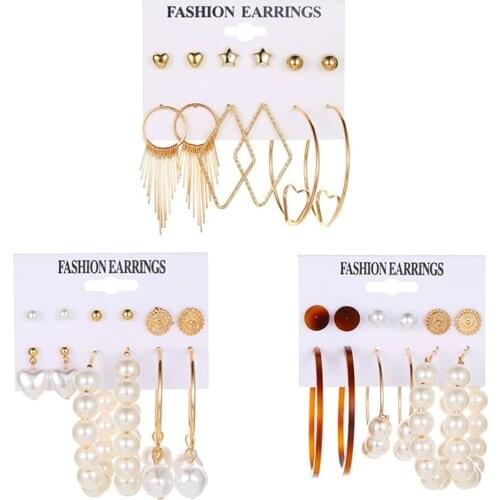 12 Pcs/set Fashion Earrings Set Lady Classic Heart Pearl Star Geometric Tassel Arrow Earring Party Charm Jewelry Accessories