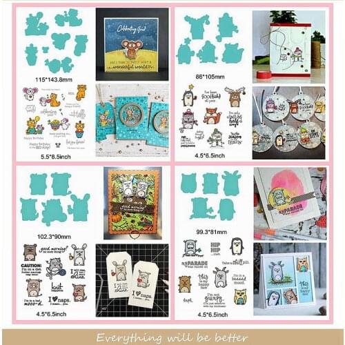 Mix Funny Cartoon Snowman Mouse Penguin Cow Cat Sentence Words Metal Cutting Dies Match Clear Silicone Stamps DIY Scrapbook Card