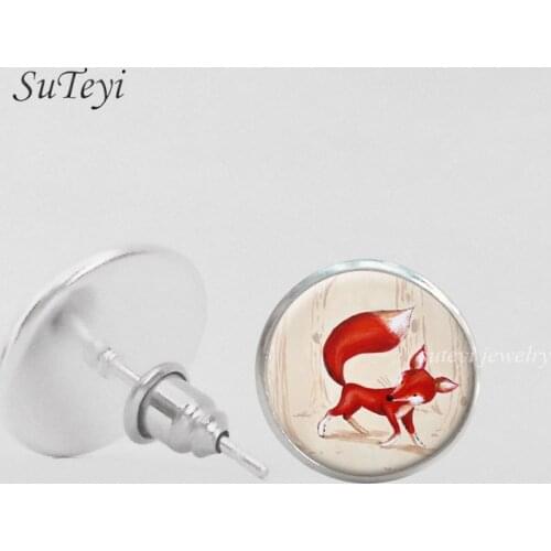SUTEYI 2020 New Handmade Fox Animal Stud Earrings Vintage Art Photo Glass Cabochon Women Earrings Ladies Gifts