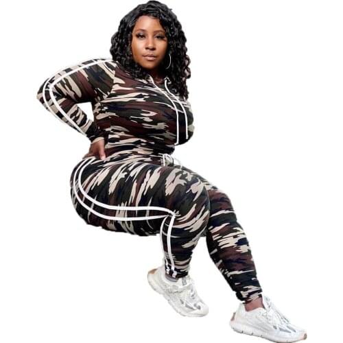 New fashion women camouflage tracksuit hooded long sleeve tops penciljogger sweatpants suit two piece set matching set plus size