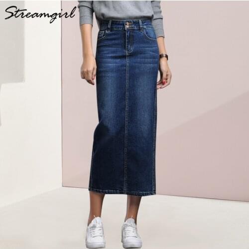 Streamgirl Women Denim Skirt Long Saia Jeans Womens Skirt Denim Skirts For Women Summer Vintage Black Long Skirts Female Saia