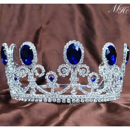 Noble Royal Blue Crystal Tiaras Diadem 3.5" Rhinestones Crowns Brides Wedding Pageant Prom Party Costumes Hair Accessories