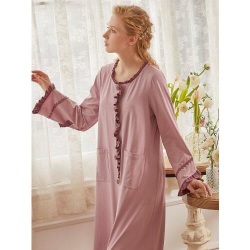 Vintage Cotton Cardigan Womens Long Nightgowns Solid Color Long Sleeve Elegant Autumn Spring Princess Loose Long Nighty