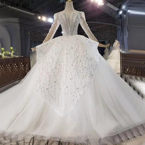 High-end White Long Sleeves Sparkle Wedding Dresses 2021 Dubai Crystal Beading Bridal Gowns HX0226 Custom Made