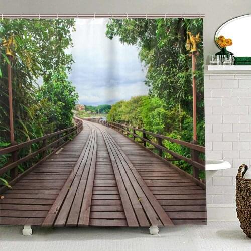 The Old Wooden Bridge Shower Curtain Landscape Pattern Print Bathroom Decor Waterproof Polyester Cloth Bath Curtains With Hooks