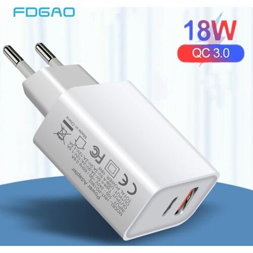 FDGAO 18W PD Quick Charger USB Charger for Samsung iPhone Huawei Xiaomi Tablet QC 3.0 Fast Wall Charger US EU UK Plug Adapter