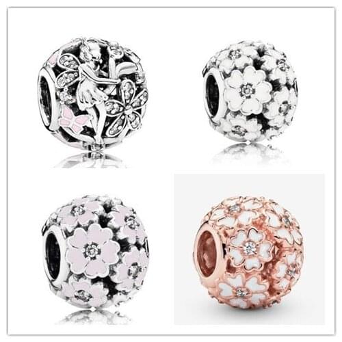 Authentic 925 Sterling Silver Openwork Dazzling Daisy Fairy With Crystal Bead Fit Women pandora Bracelet & Necklace Jewelry