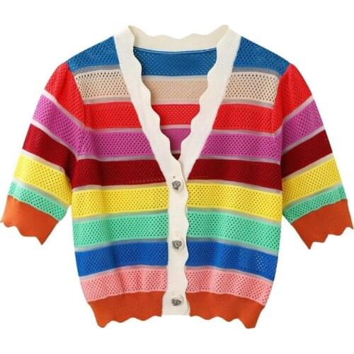 Striped Hollow Out Summer T-shirt Contrast Wavy Rainbow Color V-neck Knitted Cardigan Womens Top Stitching Sweaters