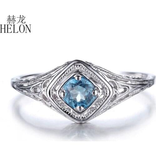 HELON Solid 10K White Gold Flawless Round 4mm Genuine Blue Topaz Solitaire Engagment Wedding Ring Women Vintage Fine Jewelry