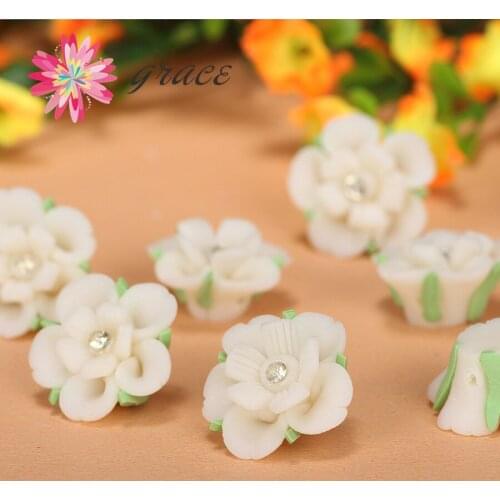 15pc/lot 16mm PolymerClay Rose Flower Beads With Rhinestone For Wedding Dress Bracelet Earrings Jewelry Decoration Material