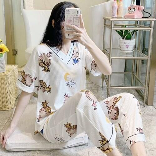 2021 Summer Short Sleeve Long Pants V-neck Cotton Pajama Set for Women Cute Cartoon Sleepwear Suit Homewear Pijama Mujer Clothes
