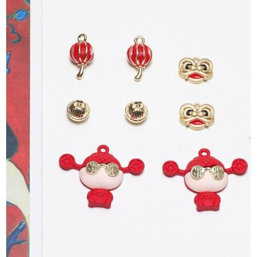 6pcs Chinese style Vintage Earrings For Women lion spray paint groom red lantern bell pendant diy necklace accessories materials