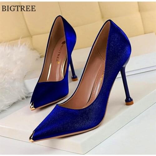 BIGTREE Shoes Metal Pointed Toe Elegent Women Pumps Stilettos High Heels Party Soft Silk Fashion Woman Office Shoes Blue Apricot