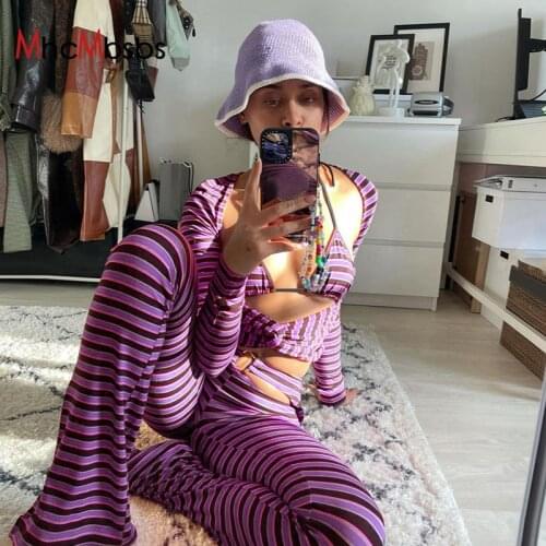 Women Striped Sporty Flare Pants Joggers High Waist Hollow Out Casual Slim Sweatpants 2021 Summer Wrap Hip Trousers Streetwear