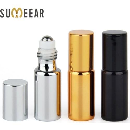 100 pieces/Lot 5ml Essential Oil Bottles Mini Empty Roller Bottles Gold Silver Black UV Glass Refillable Perfume Bottle