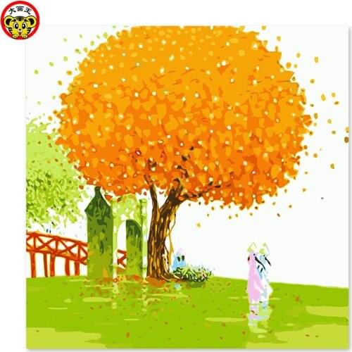 Painting by numbers art paint by number Fallen leaves Yellow big tree simple life Walking boat Draw on canvas Digital Painting