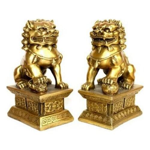 Chinese brass copper statue Foo Dogs Lions pair