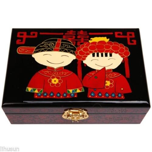 Chinese Handmade Wooden Lacquerware&Embroidery Chinese Couple 2Layer Jewelry Box