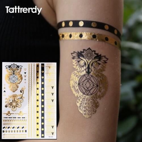 Owl Ring Jewel Temporary Tattoo fake on the Body Hand Flash Tattoos Stickers Waterproof Henna black gold Indian design YH107