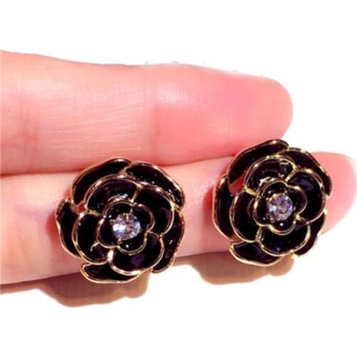 New Fashion Stud Earrings Silver Needle Simple Black Camellia Rhinestone Earrings For Women