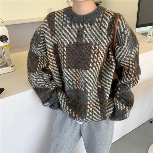 New Winter Thick Weater Women Vintage Plaid Long Sleeve Chic Jumper Female Korean Fashion Leisure Loose O Neck Pullover Clothing