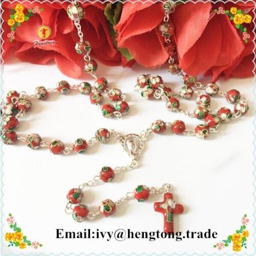 Wholesale custom free shipping 8mm red cloisonne beads rosary necklace, enamel beads religious rosary with cloisonne cross